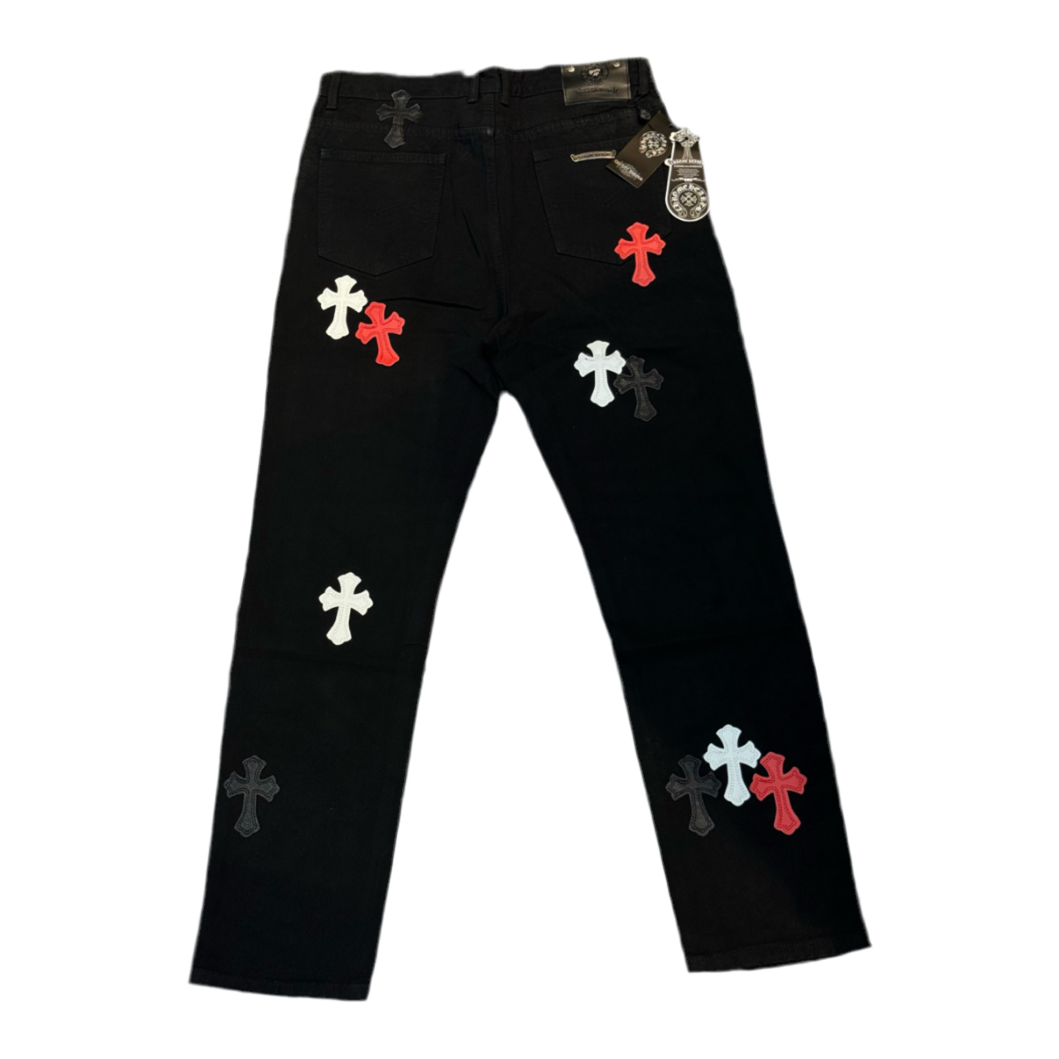 Chrome Hearts straight jeans Red, White, Black Cross Patch Carpenter Pants