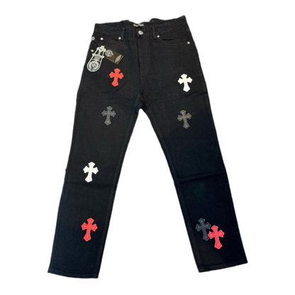 Chrome Hearts straight jeans Red, White, Black Cross Patch Carpenter Pants