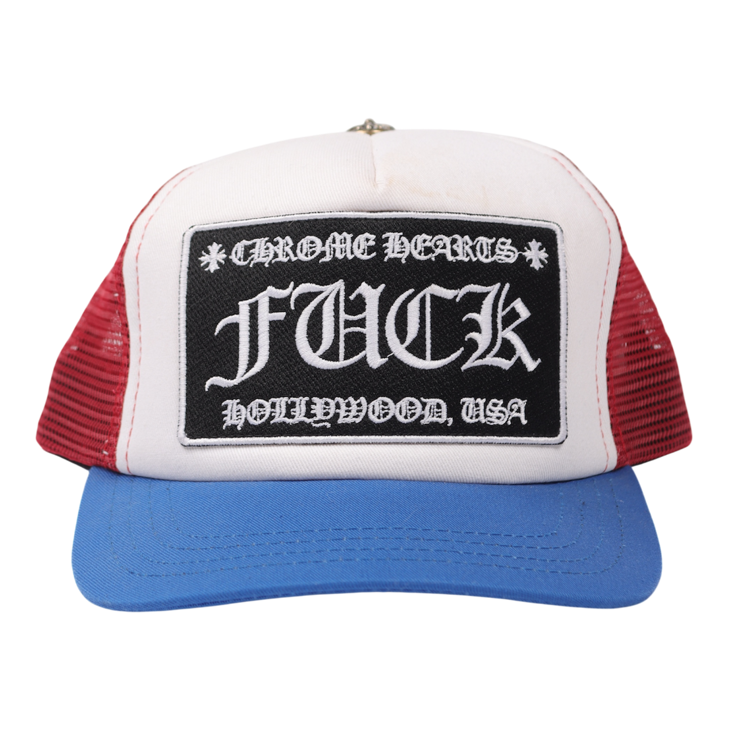 Chrome Hearts FUCK Hollywood Trucker Hat ‘White Red Blue’